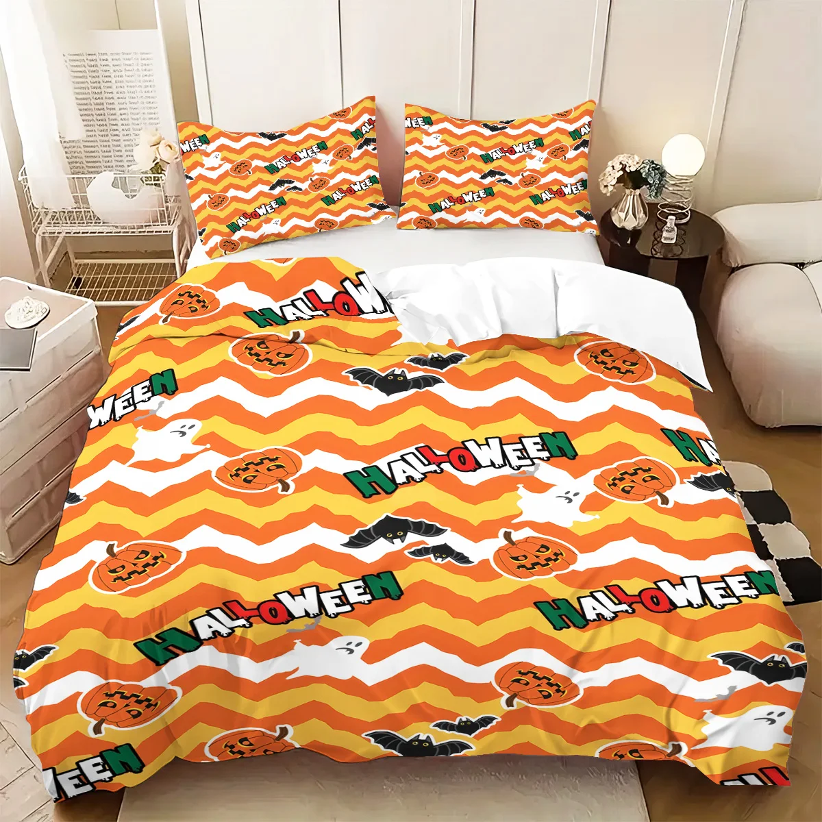 

Halloween Pumpkin Pattern Bedding Set 3D Printed Duvet Cover Set Soft Double Size Bedroom Decor Duvet Cover Set Halloween Decor