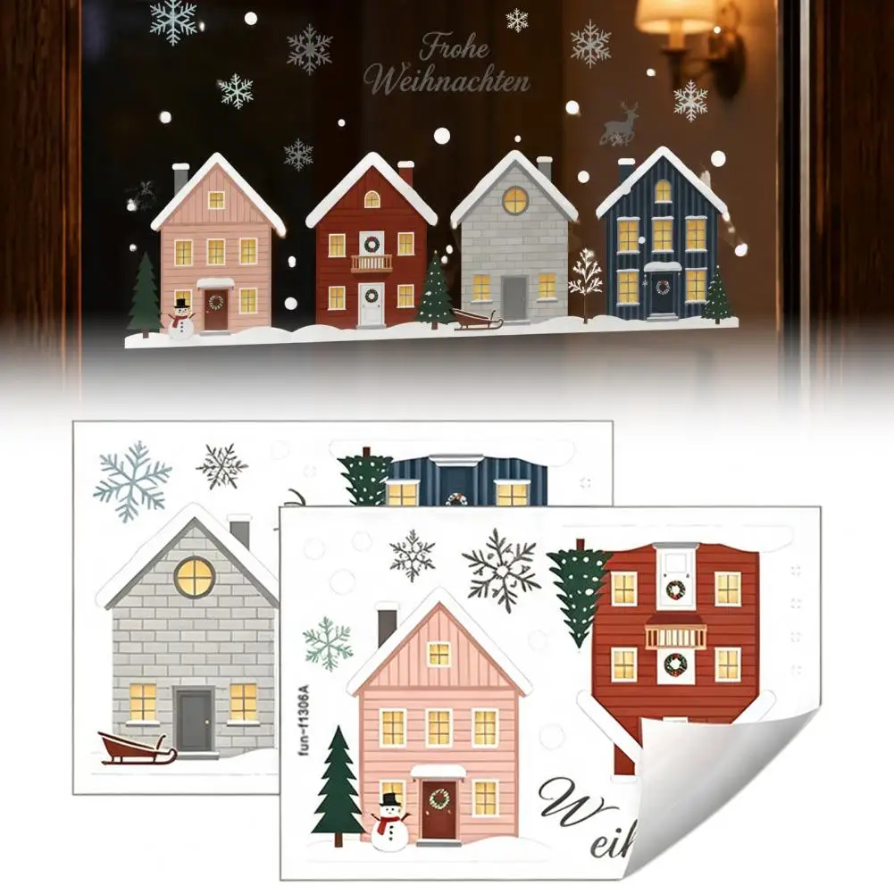 Pvc Snowflake Stickers 2pcs Christmas Snowy House Window Clings Reusable Snowflake Deer Static Glass Decals No-adhesive for Home