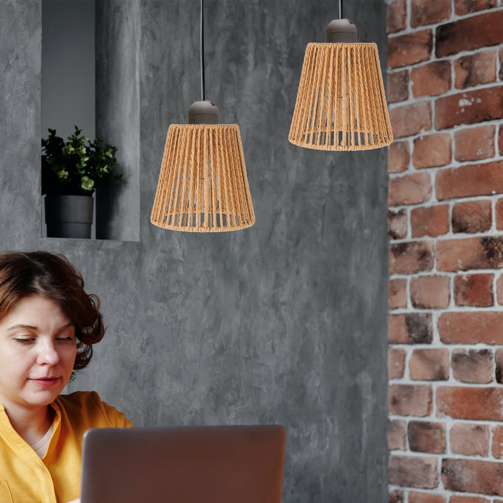 

Rustic Striped Woven Lampshade Paper Rope Lighting Cover Boho Hanging Khaki Iron Replacement Shades Ceiling Pendant Lamp Shelves