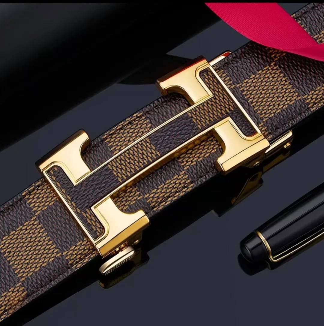 ‌ حزام جلد بنمط مربعات ممتاز للرجال - إبزيم تلقائي، حزام كاجوال وعصري للأعمال، جلد البقر الأصلي، هدية أنيقة
