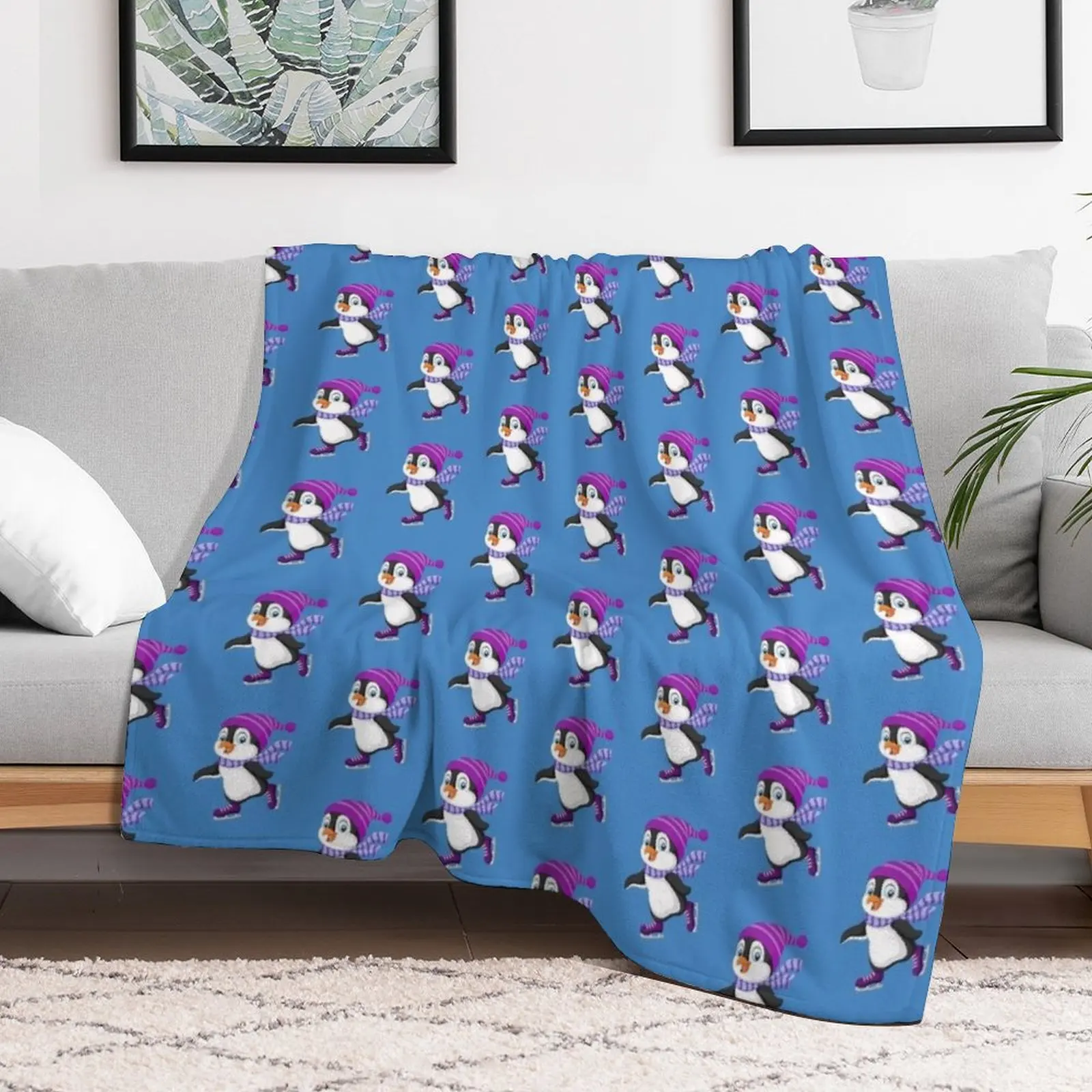 Cute Penguin Ice Skating Purple Hat Skates Throw Blanket for sofa wednesday Nap Picnic Blankets