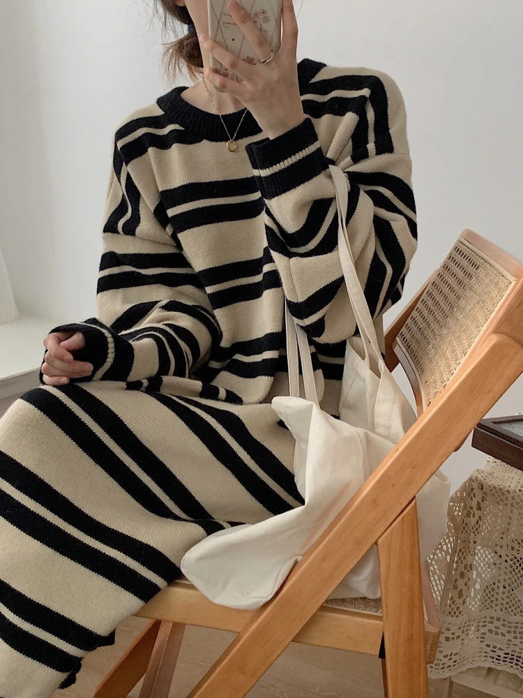 Knit Grey Women's Dresses Loose Striped Clothing Evening Robe Long Off White Maxi Crochet Female Dress Designer Korean Fashion