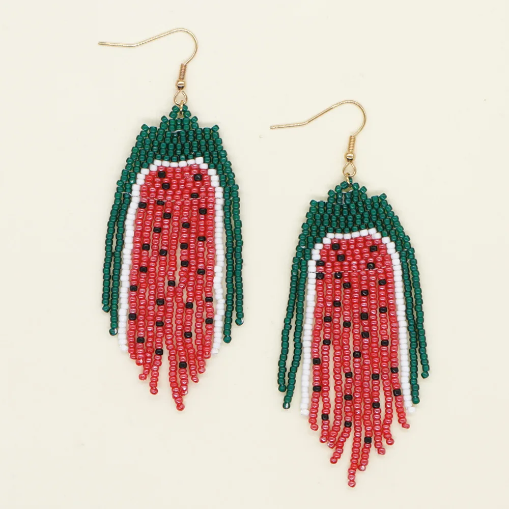 

ZGMXR Bohemia Female Alloy Earrings with Tassel Watermelon Design Hand Knitted Rice Beaded Simple Fashion Jewelry