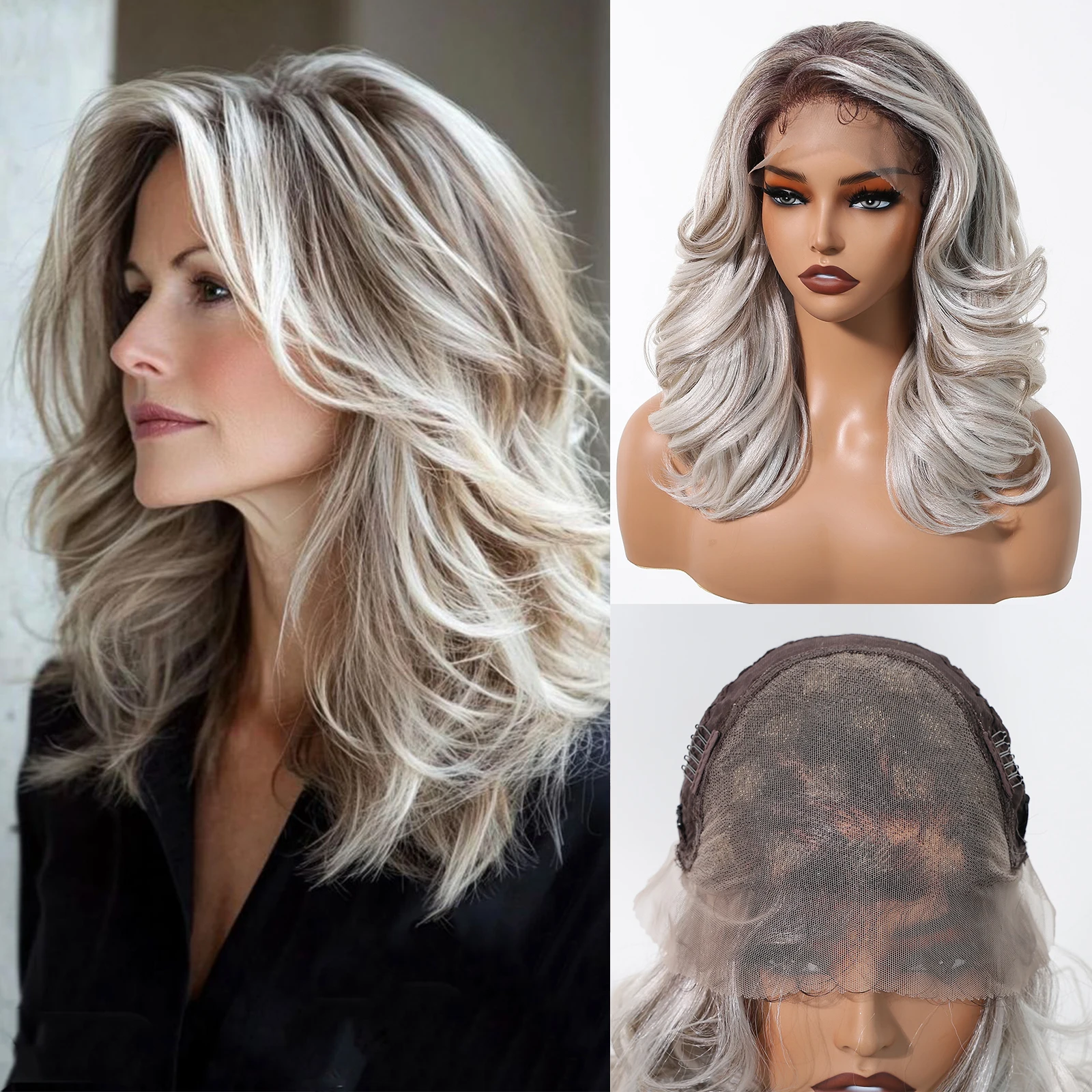 

DWY Вьющиеся синтетические кружевные парики средней длины 14 дюймов Серые платиновые мелированные кружевные парики для женщин Натуральные волосы Волнистые волосы Парик