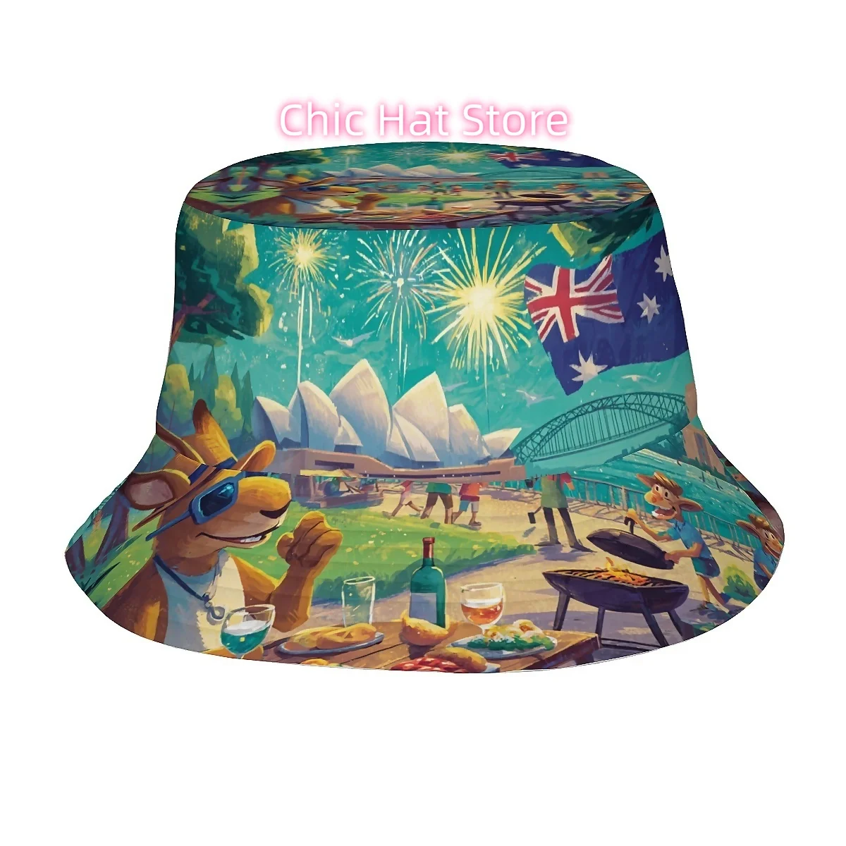 A Unisex Printed Fisherman Hat Featuring The Sydney Opera House, The Australian Flag, And Patterns of Kangaroos And Koalas. This