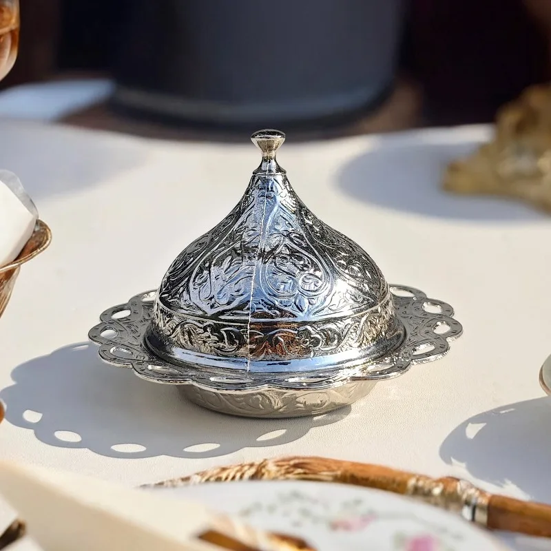 Imported Turkish Silver Thick Palace Style Candy Box Ottoman Coffee Sugar Bowl Exquisite Nut Snack Afternoon Tea Canister