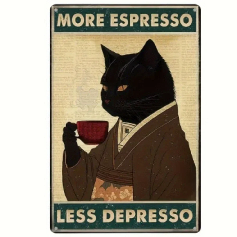 1PC More Espresso Less Depresso Poster Drinking Poster Coffee Lover Gift Funny Black Cat Wall Art