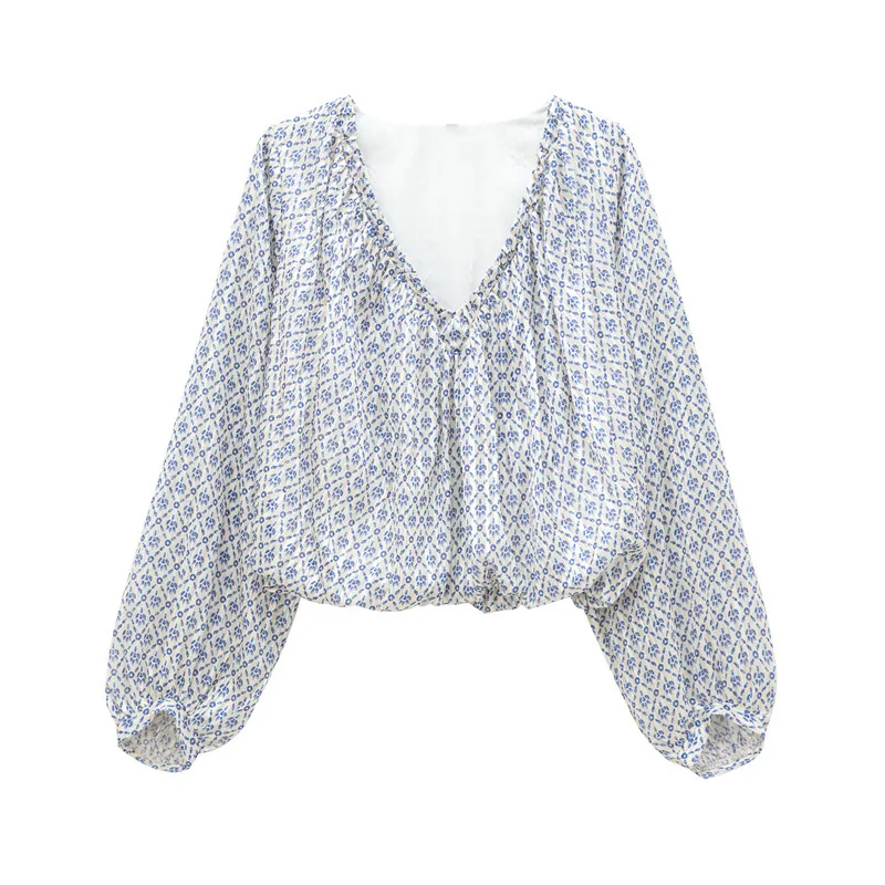 Summer New Fashion Simple Metal Color Line Printed Balloon Version Top