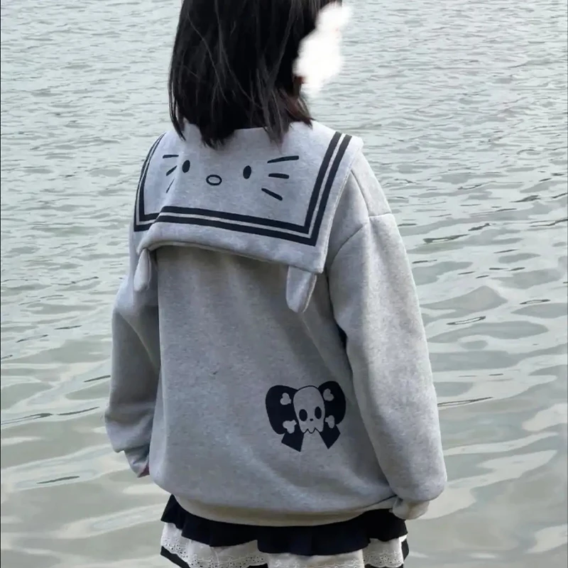 Hello Kitty Zipper Jacket Navy Collar Sanrioed Anime Kawaii Cardigan Hoodie Cotton Spring Girls Coat Japanese Loose Casual Cute