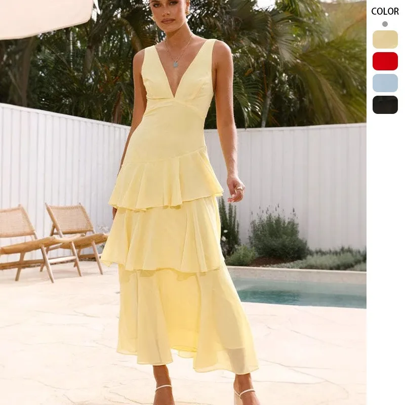 Sommerkleid für Damen, V-Ausschnitt, ärmellos, hohe Taille, mehrlagiges Rüschen-Maxikleid, elegantes Abendkleid, langes A-Linien-Kleid, einfarbig