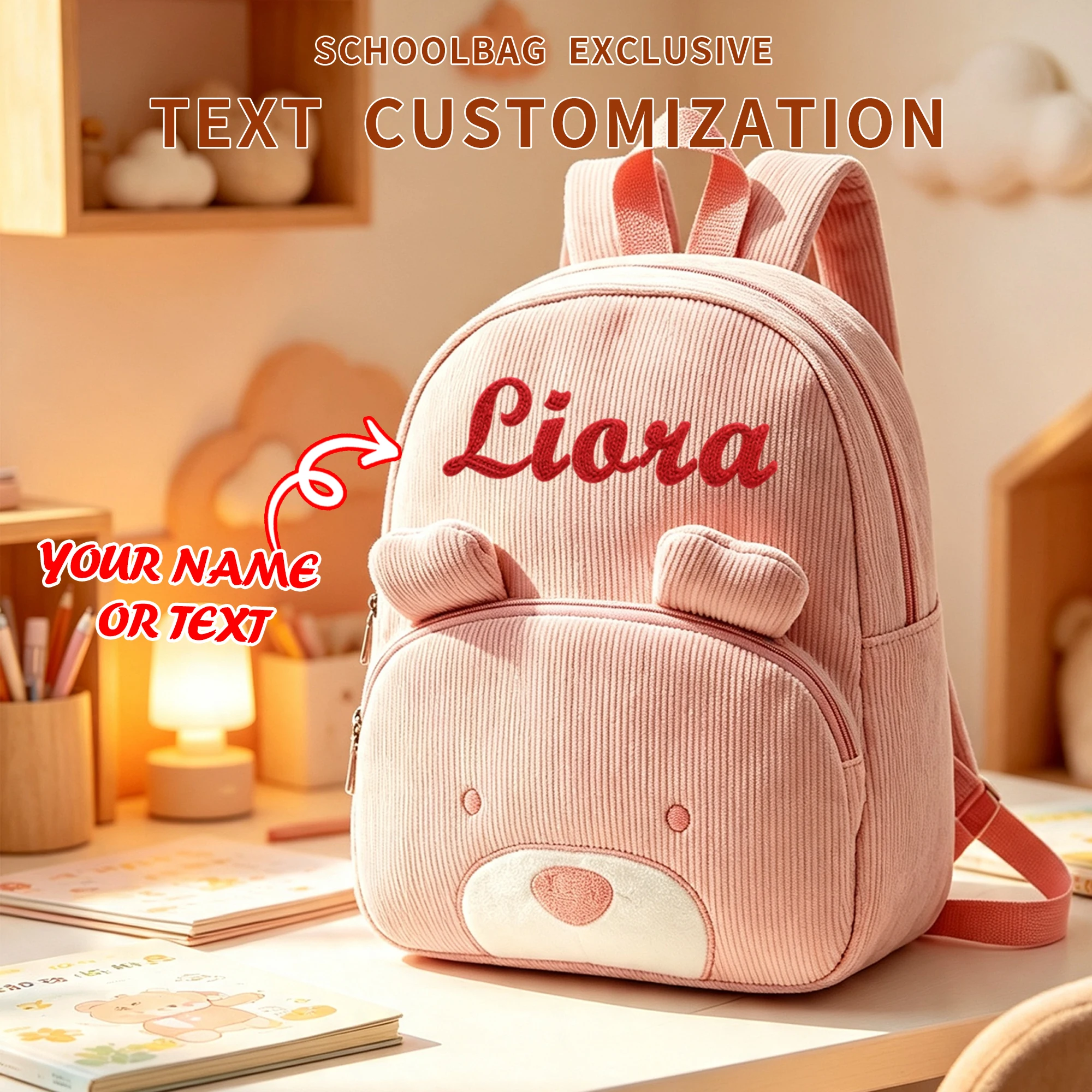 Customized Name Toddler Backpack - Cartoon Bear Corduroy Bag Large Capacity Embroidered Plush Kids Bag
