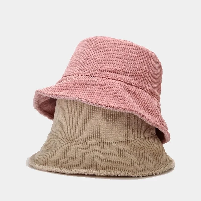 

New Women Plus Plush Corduroy Bucket Hat Female Solid Winter Solid Streetwear Warmer Folding Big Wide Visor Vintage Flat Hats