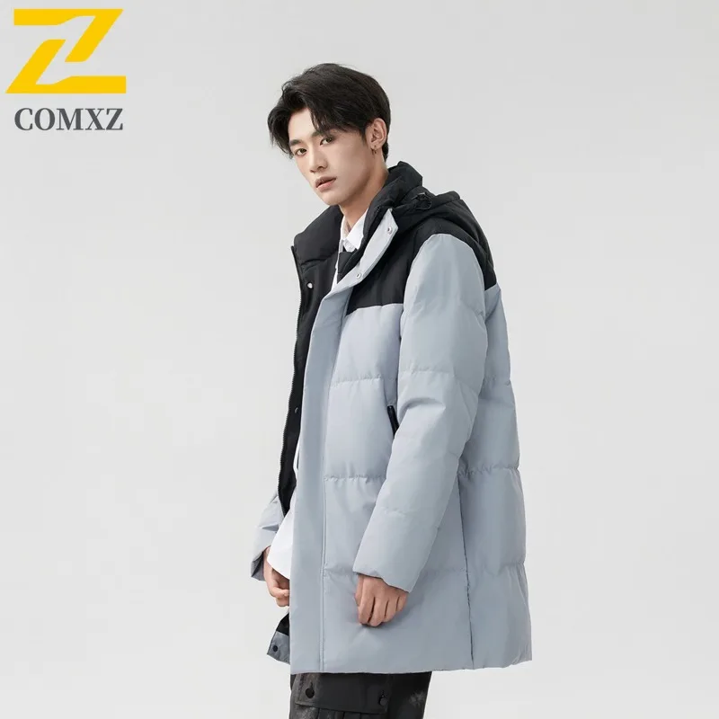 

2025 Men's Mid-Length Winter Down Jacket Color Block 80% White Duck Down Filled Cold Resistant Coat Outdoor Ski Extra-Long Parka