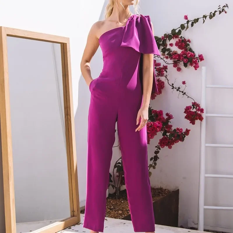 

Elegant Formal Sexy Large Overalls Female Summer Clothing One-Shoulder Asymmetrical Bowknot Pants Long Body Women Jumpsuit