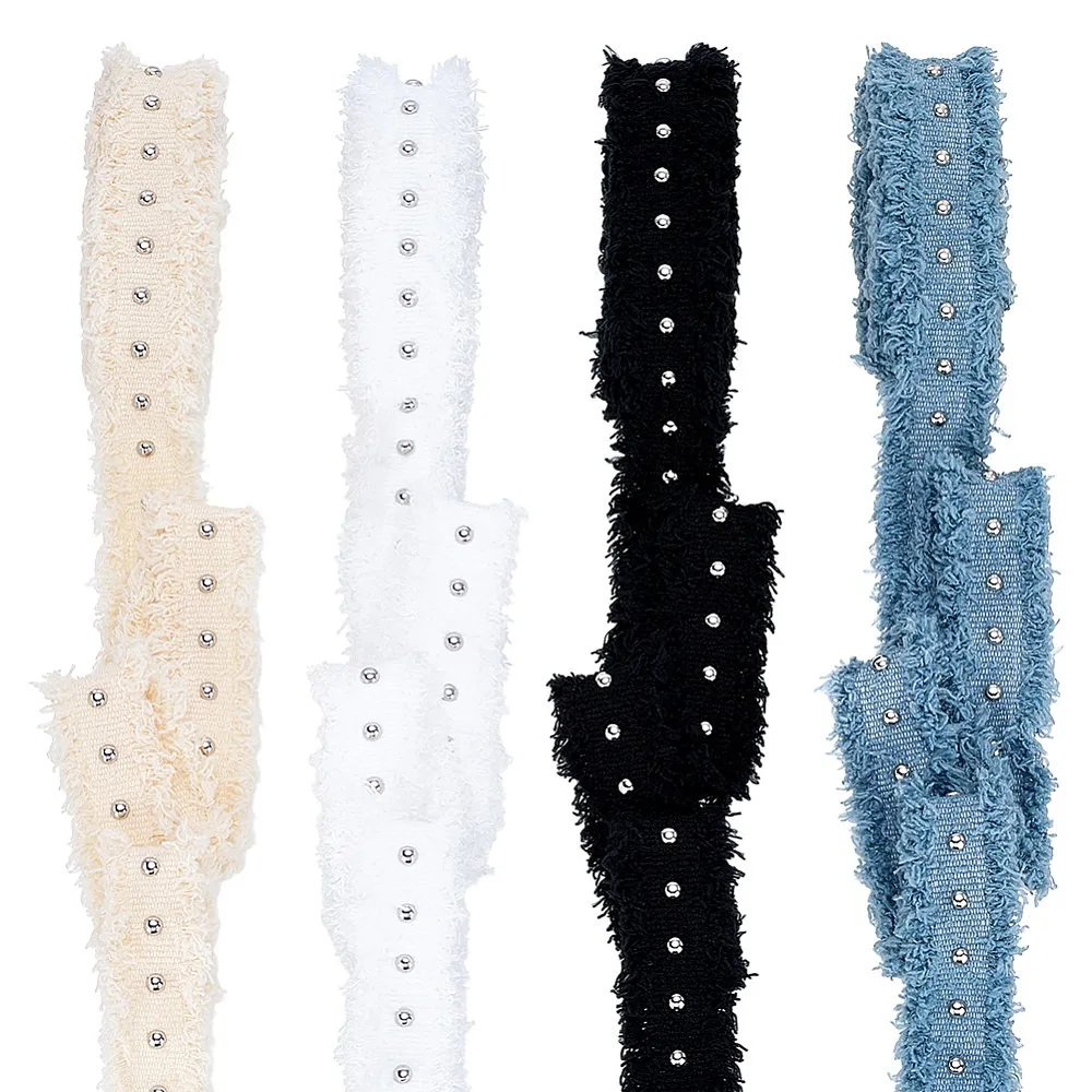 8 Yards 4 Colors Polyester Ribbons with Stainless Steel Beads Mixed Color 1-1/8 inch(30mm) 2 yards/color
