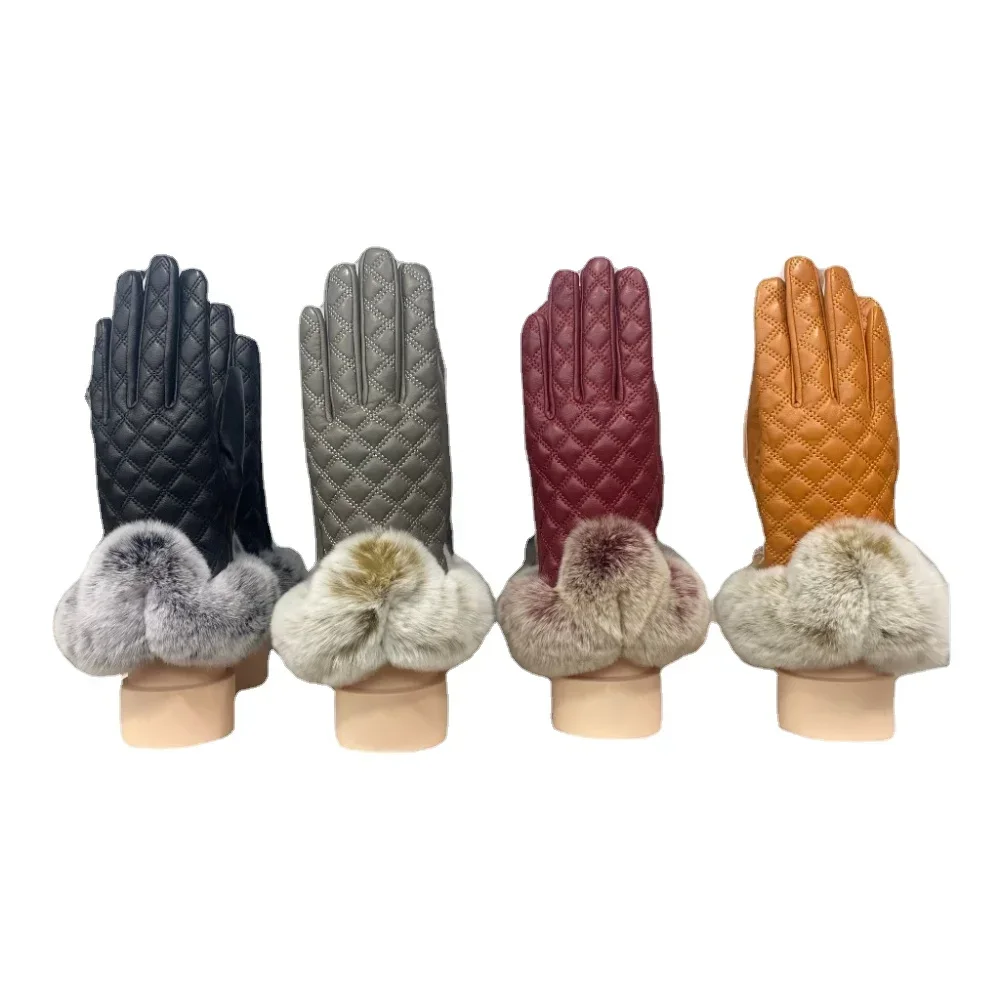 

High Quality Genuine Leather Gloves for Women in Winter, Fashionable and Warm, Genuine Sheepskin Gloves, Rex Rabbit Fur Trim