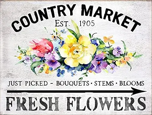 Vintage Country Market Fresh Flowers Farmhouse Tin Sign Retro Flower Plant Metal Tin Sign Shabby Chic Wall Decoration Plaque Gar