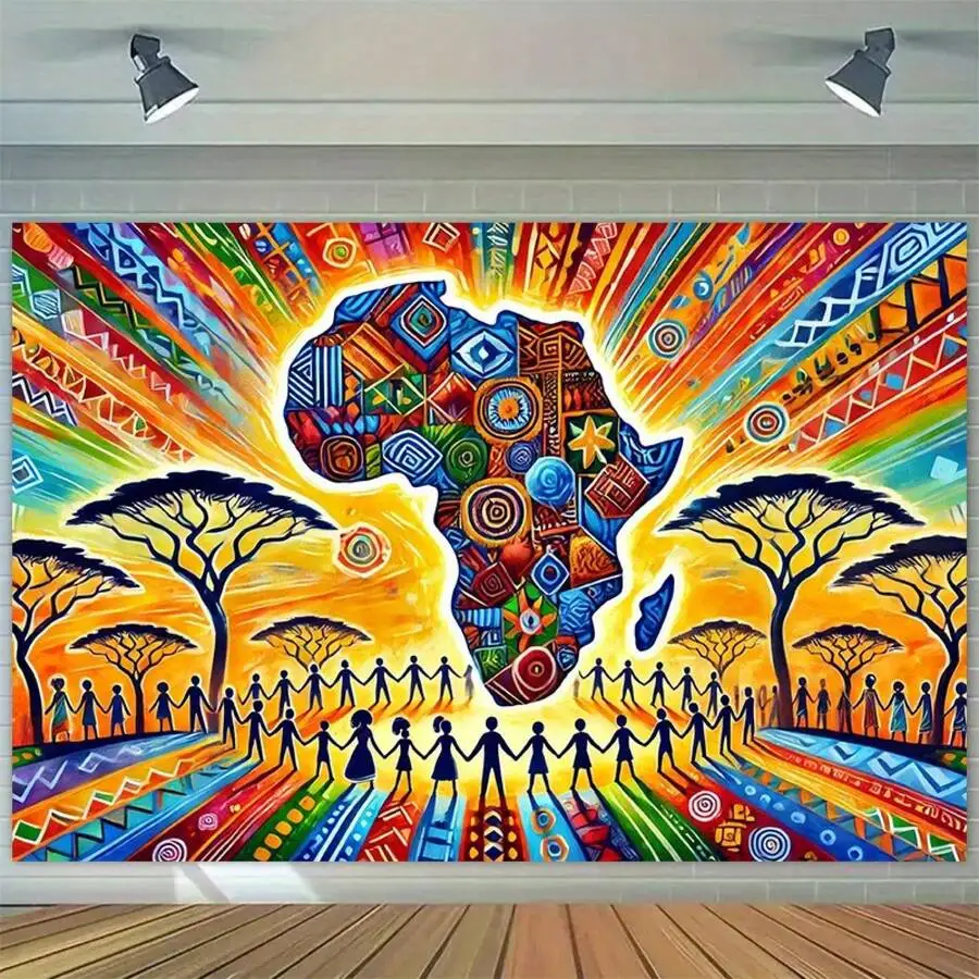Tapisserie murale artistique avec carte de l'Afrique, motif tribal coloré, décoration silhouette de personnes en union pour salon