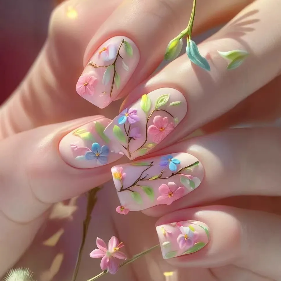 

24pcs Wearable False Nails Art Finished Nude Pink Short Square Press on Nails Tips Spring Colorful Flower Ballet Fake Nail Sets