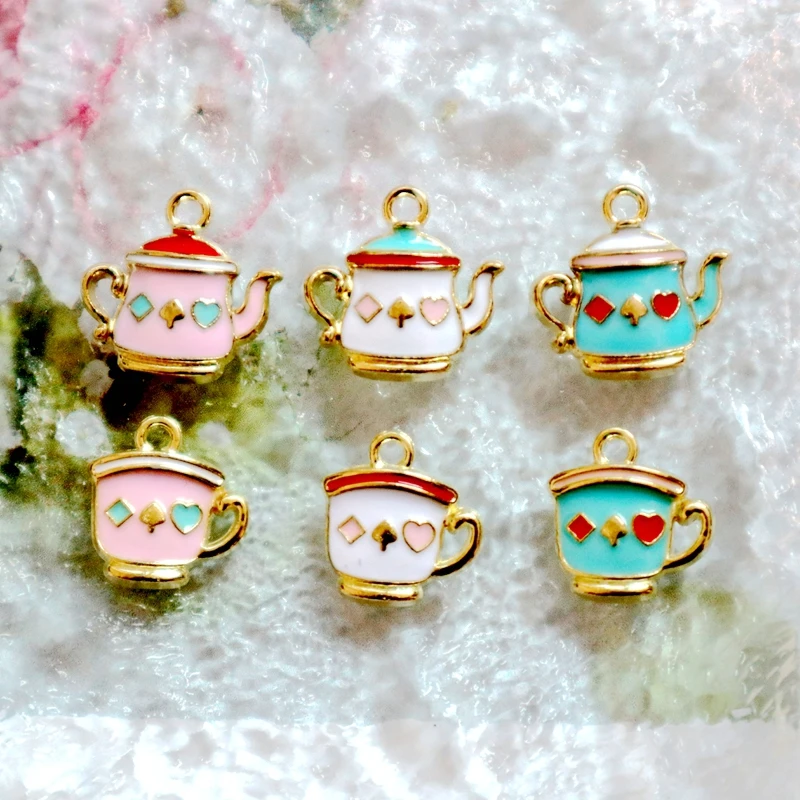 10PCS Colorful Tea Cup And Tea Pot Alloy Enamel Pendant Love Shiny Charm DIY Necklace Bracelet Earring Keychain Accessories