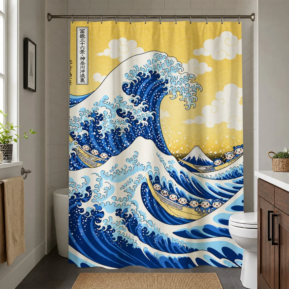 Premium Waterproof Shower Curtain Great Wave Japanese Ukiyo-e Art Bathroom Decor Curtain Novelty Ocean Scene Anime Style Bath Ac