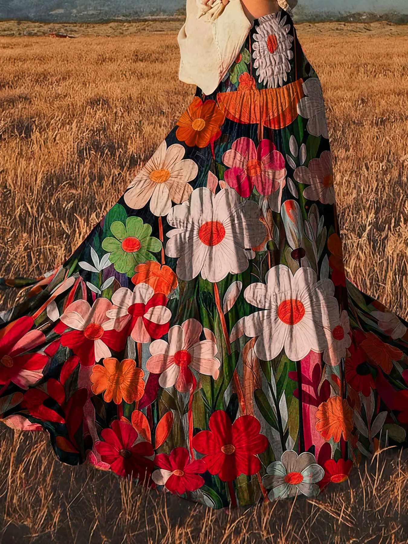 Women Elegant Boho Oil Painting Floral Print Midi Skirt Elastic High Waist Romantic Flowy Big Hem Bohemian Maxi Skirt Vacation B