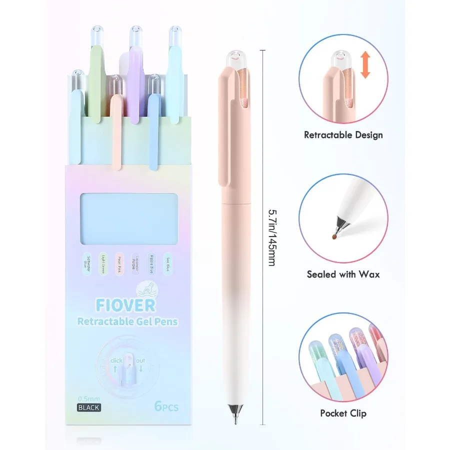 أقلام جل 6 عبوات 0.5 مم زجاجة الانجراف قابلة للسحب ذات نقطة رفيعة وكتابة سلسة وأقلام حبر سوداء سريعة الجفاف ولا تشويه جماليات لطيف Offi