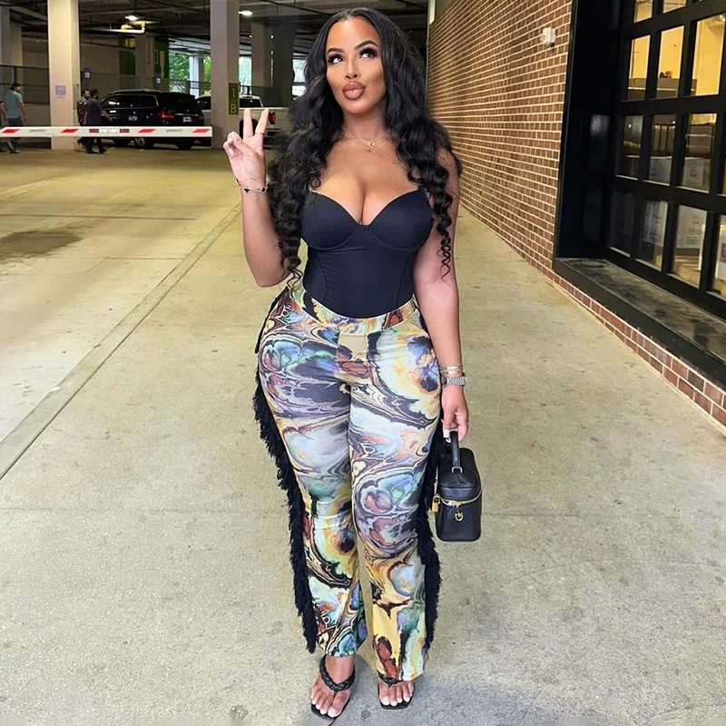 

Fashion Printed Side Tassel Flare Pants Women 2025 Autumn Trend Sexy Wild Slim Skinny Trousers Street Party Clubwear