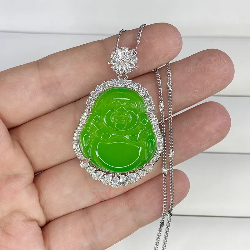 Natural Green Chalcedony Jade Buddha Pendant Female Laughing Buddha Gemstone Agate Necklace Jewelry