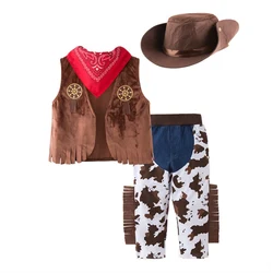 Western Cowboy Costume Play Costume Baby Suit 4-Piece Hat + Bandana + Vest + Jeans Trend Party DIY Halloween Costume 5 Sizes