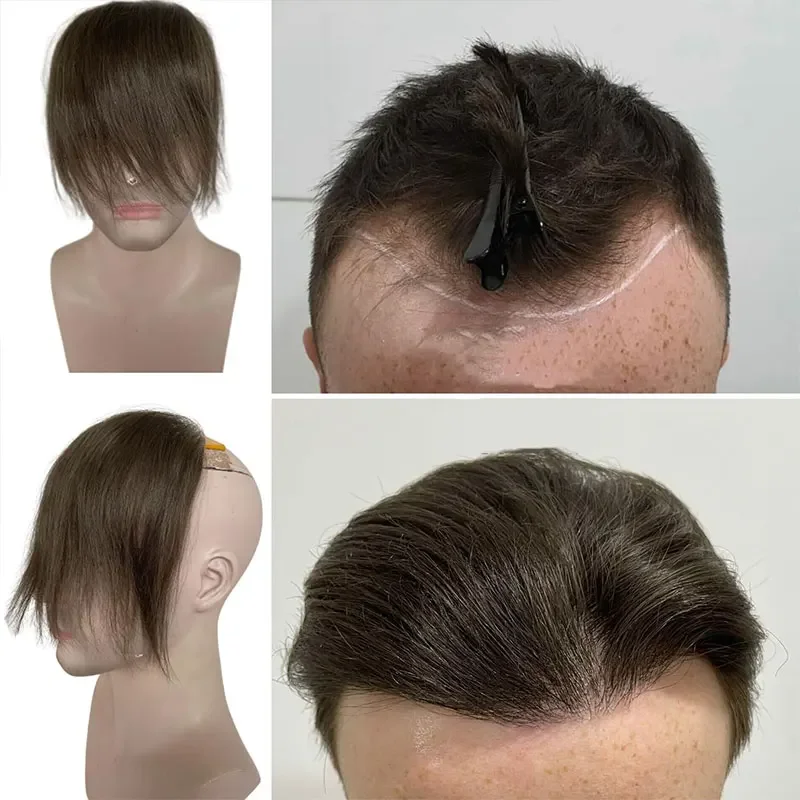 Ultra fino PU pele Toupee para homens, cabelo frontal Topper, 100% cabelo humano, marrom linha frontal, #4