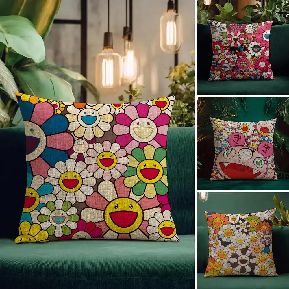 Artist Takashi Murakami Cushion Cover Natural Linen Pillowcase Set All-in-One Decor Cushion Cover for Sofa Bedroom Chair