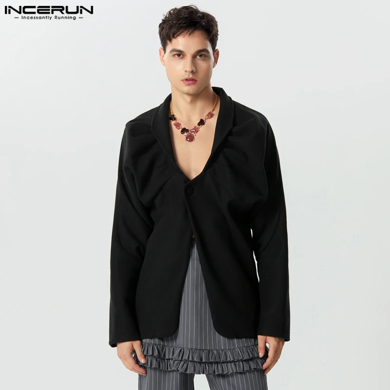 

INCERUN Tops 2023 American Style Handsome Men Fashion Solid Collarless Design Suit Coats Casual Bubble Long Sleeved Blazer S-5XL