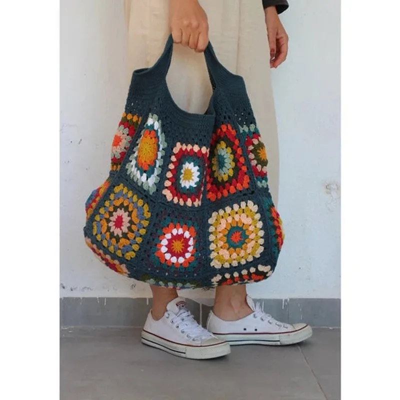 Navy Granny Square Crochet Bag Hippie Classic Handbag Handmade Crochet Colorful Purse Boho Chic Shoulder Tote Bags For Women