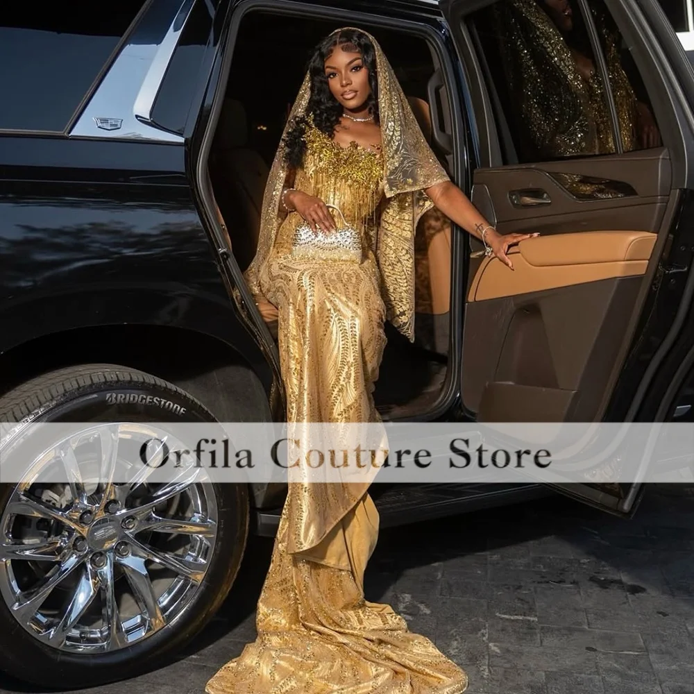 Customized Gold Prom Dresses With Wrap Sequin Beading Black Girls Graduation Dress Crystal Long Birthday Party Gowns