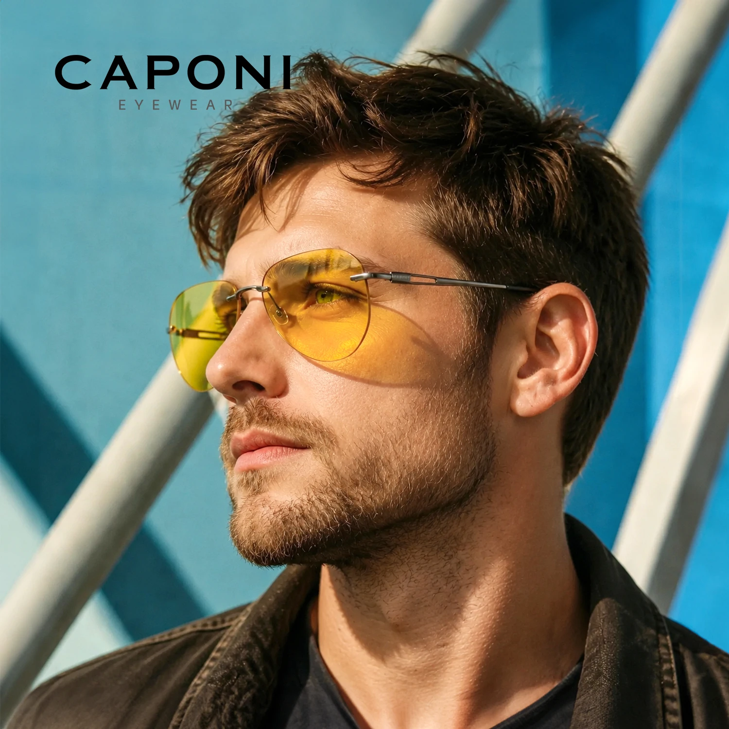 CAPONI Photochromic Brown Yellow Sunglasses Titanium Alloy Rimless Sun Glasses Pilot Night Vision Ultra-Light Eyewear BSYS22003