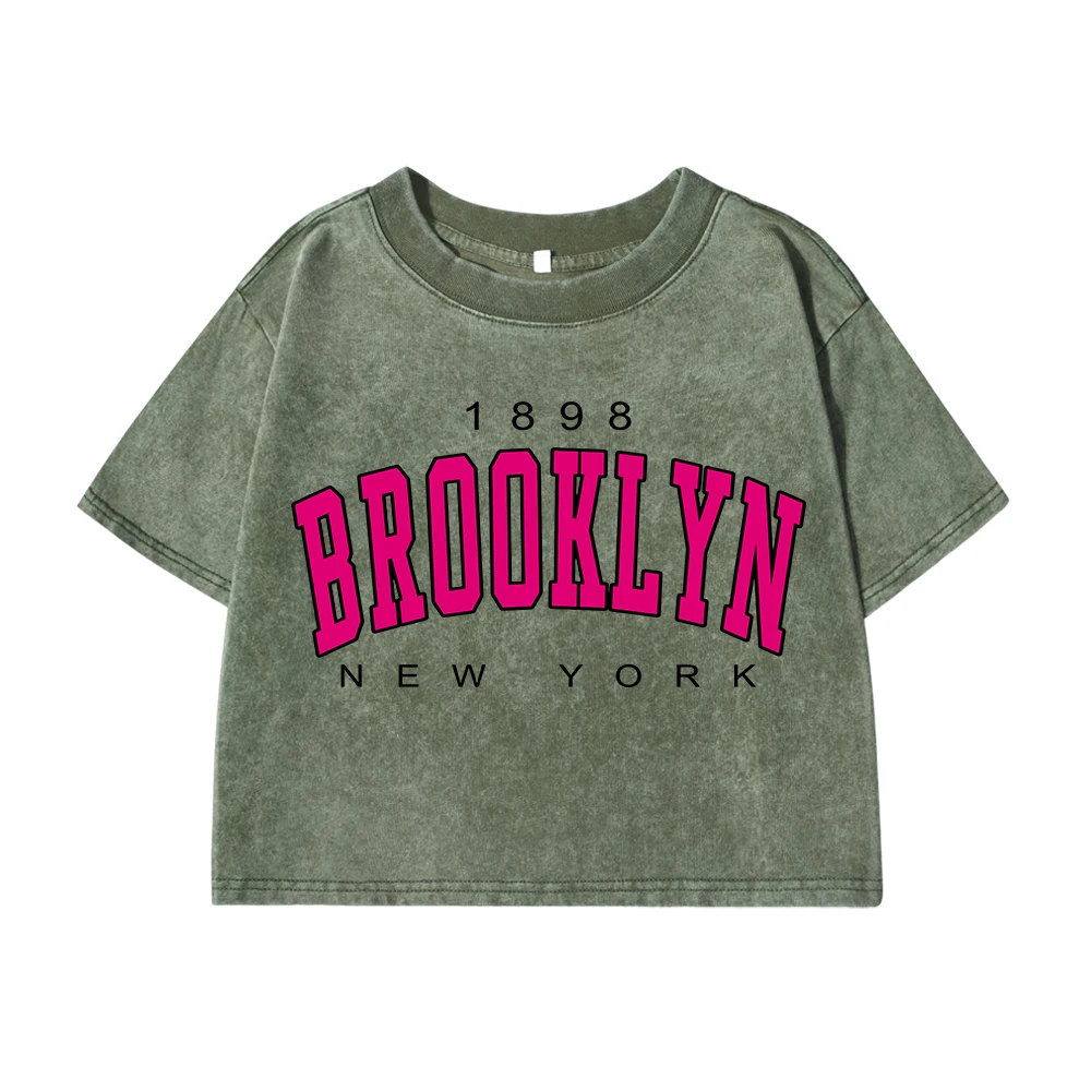 Womans Cotton Crop Tops Fashion Distressed Regular Fit Washed T-Shirts Brooklyn, New York Printing Tees Street Female Clothes