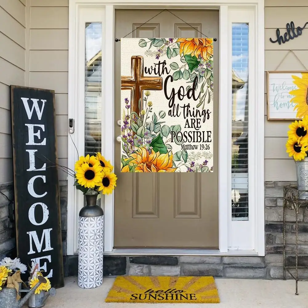 RABUSOFA Summer House Flag 28x40 Inch Double Sided Outside,Sunflower With God All Things Are Possible Spring Floral Cross Ya yyi