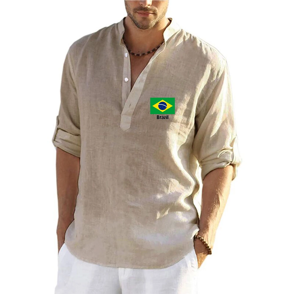 2026 Brazil Flag Spring Autumn Men's New Football Team Print Cotton Linen Long Sleeve T-shirt Solid Color Lightweight Casual Top