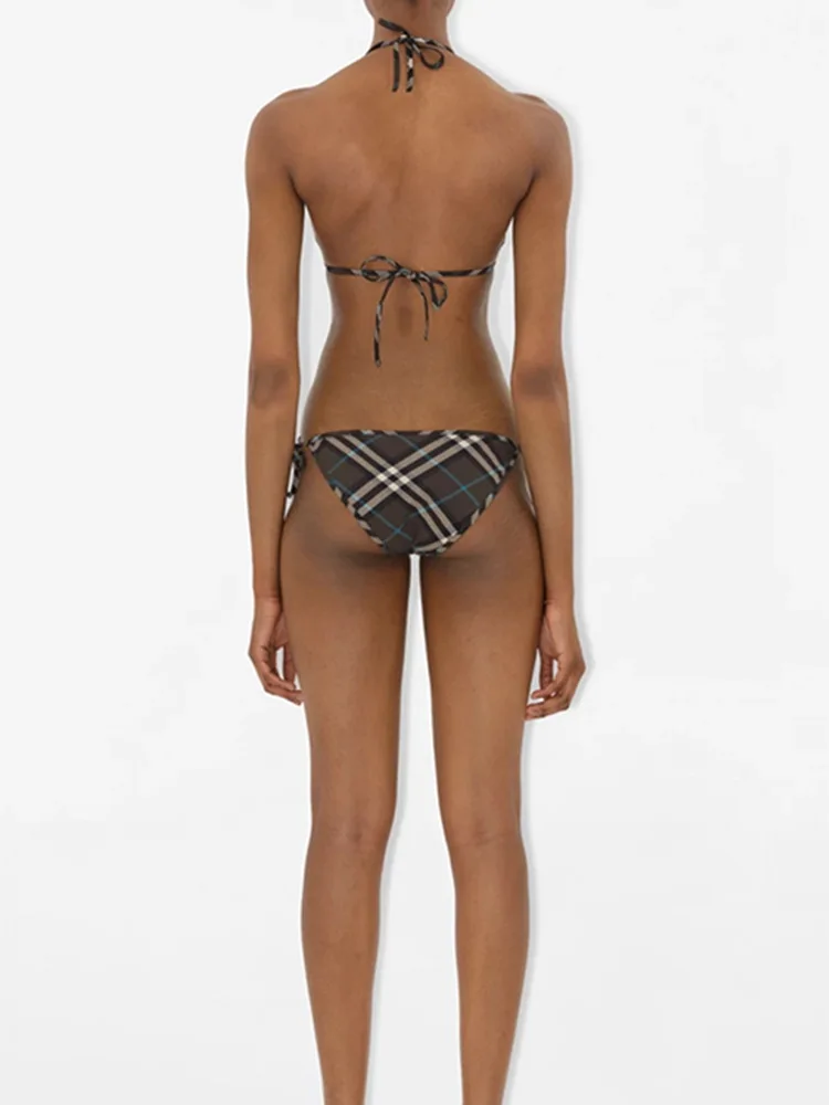高級ブランドデザイン 三角ビキニセット チェック柄水着 レースアップ バックレス タイサイド セクシー ツーピース 2025 レディース水着 タンキニ