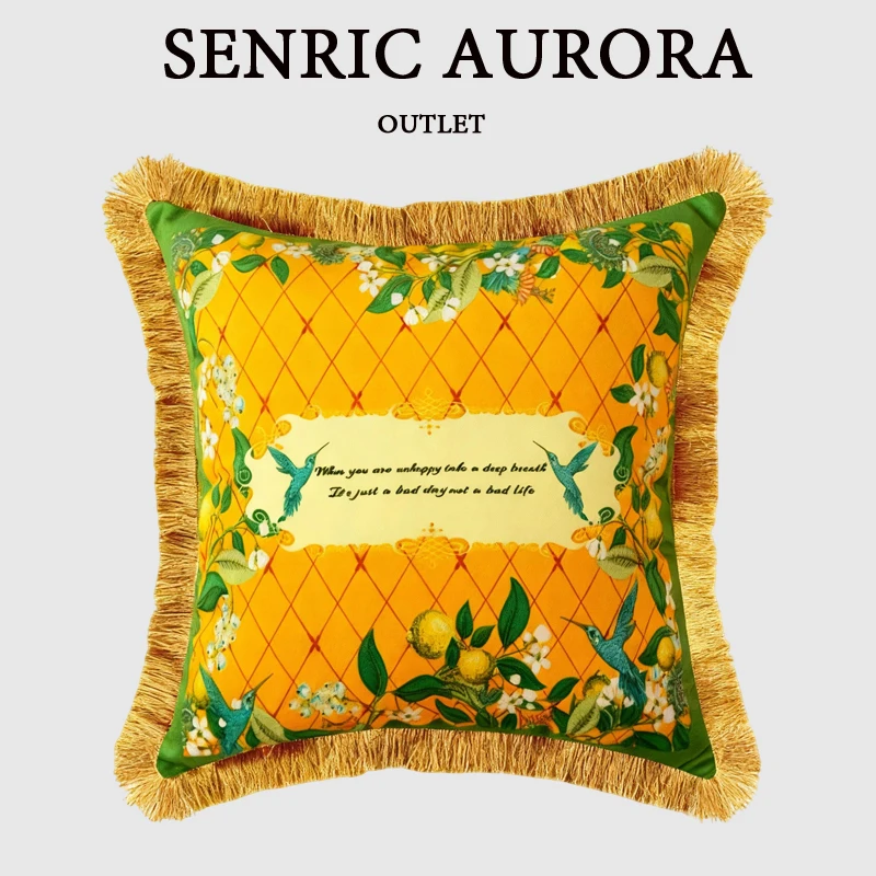 Luxury American Style Countryside Cushion Cover Double Sided Pattern Yellow Lemon Velvet Tassel Pillowcase For Sofa Living Room