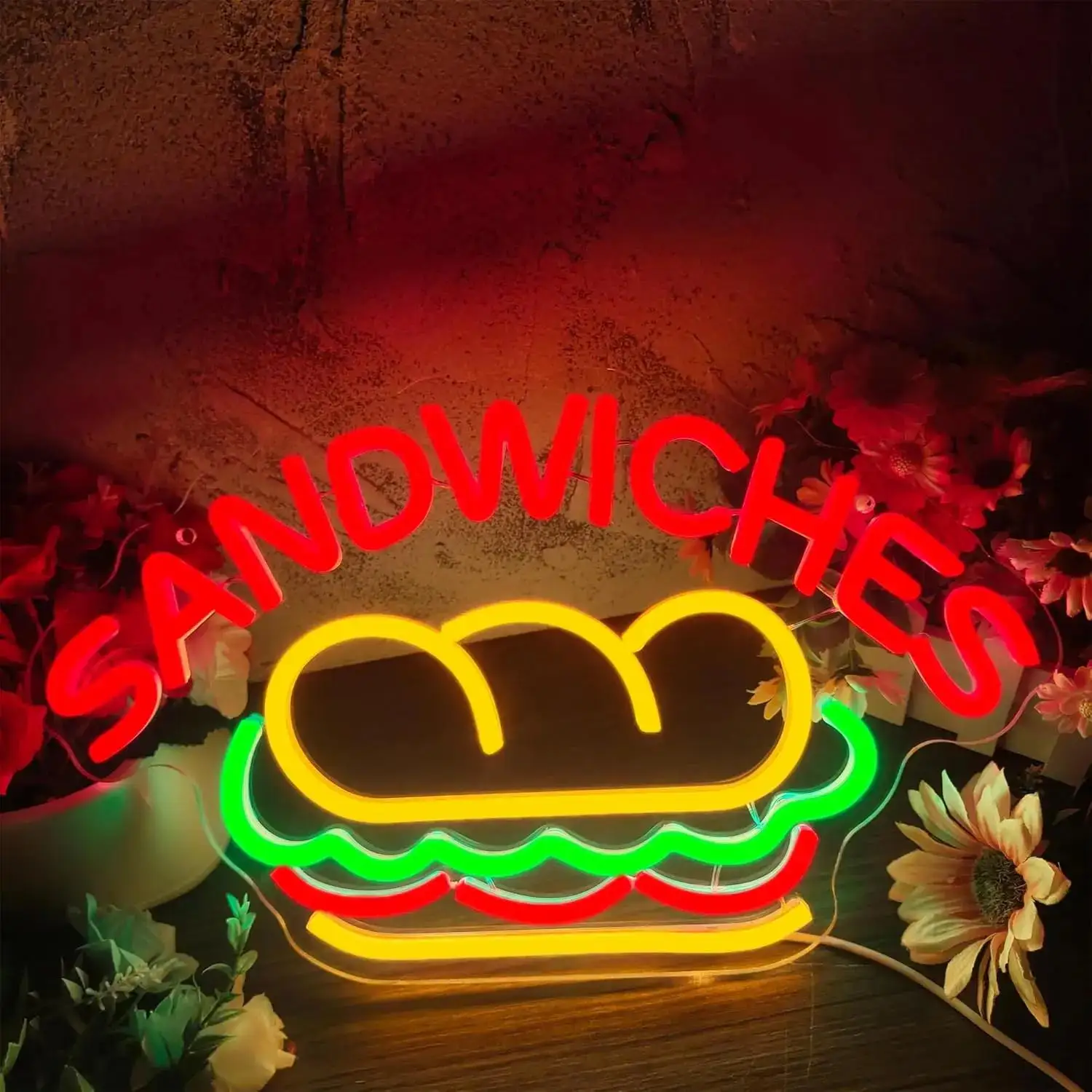 Sandwiches Burger Neon Sign Dimmable USB LED Commercial Neon Light for Fast Food Diner Burger Shop Food Stall Cafe Opening Decor