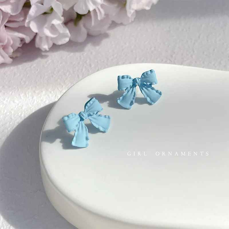 Silver Needle Blue Bow Heart Earrings Girls Fashion Small Ear Studs Earrings For Women Gift