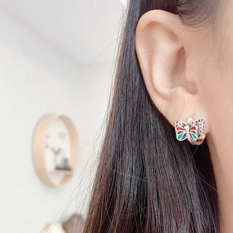 

Chinese Style 925 Sterling Silver Enamel Butterfly Ear Buckle Jewelry Ethnic Vintage Insect Small Piercing Earrings for Women