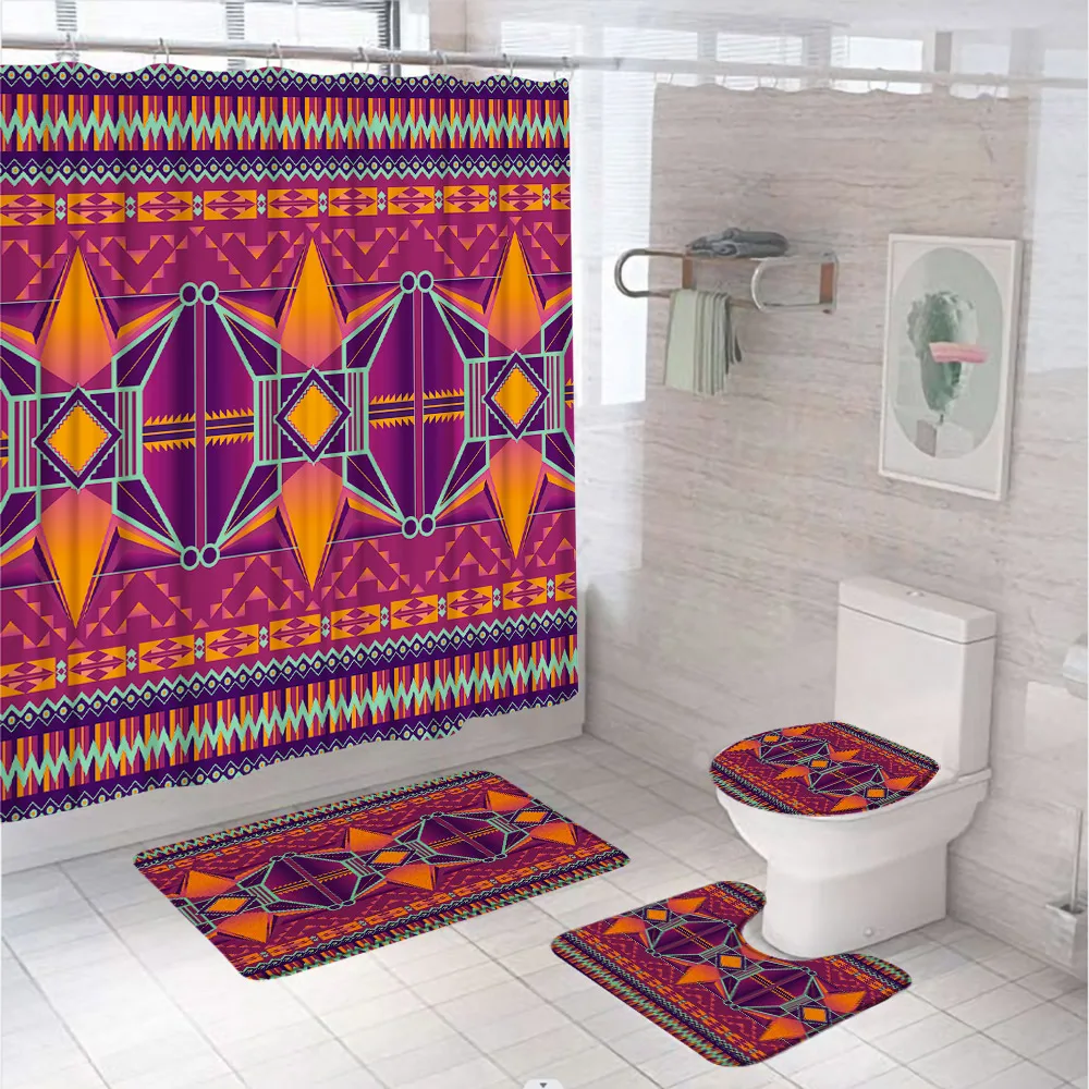 Aztec Geometry Shower Curtain Set Non-Slip Rug Toilet Lid Cover Bath Mat Tribal Abstract Ethnic Native Retro Bathroom Curtains