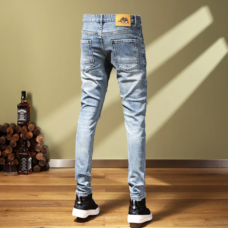 Street Fashion Men Jeans Retro Light Blue Elastic Stretch Skinny Ripped Jeans Men Spliced Designer Hip Hop Biker Pants Hombre