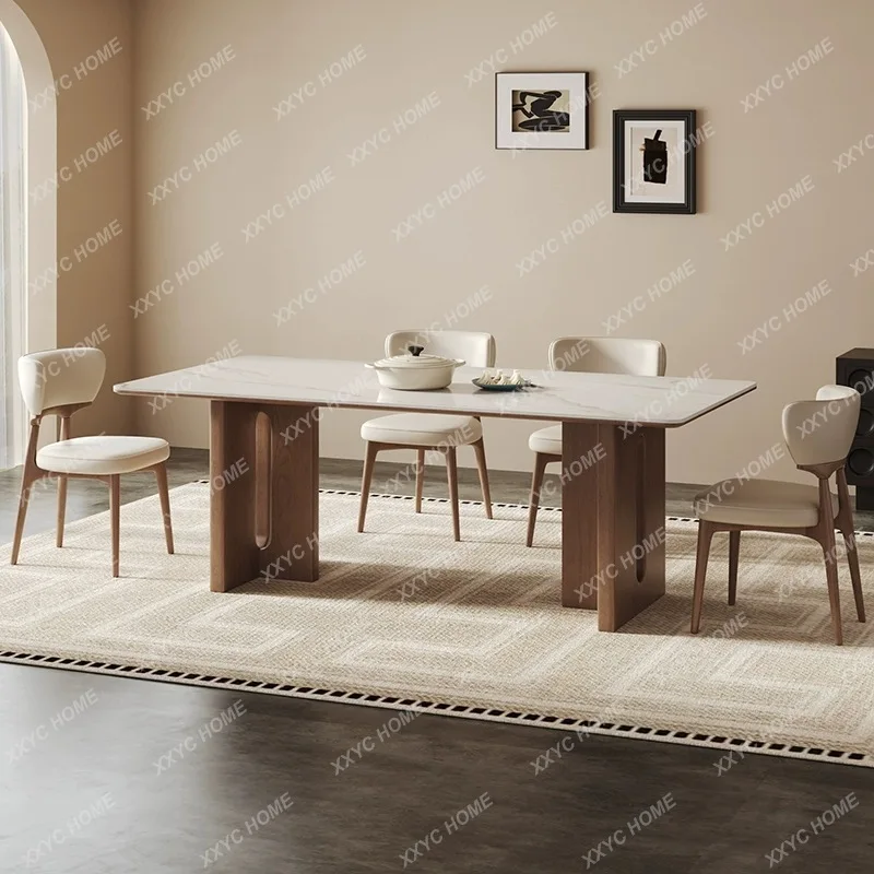 XX Medieval travertine rock slab wabi sand wind ash wood rectangular retro 2024 new dining table