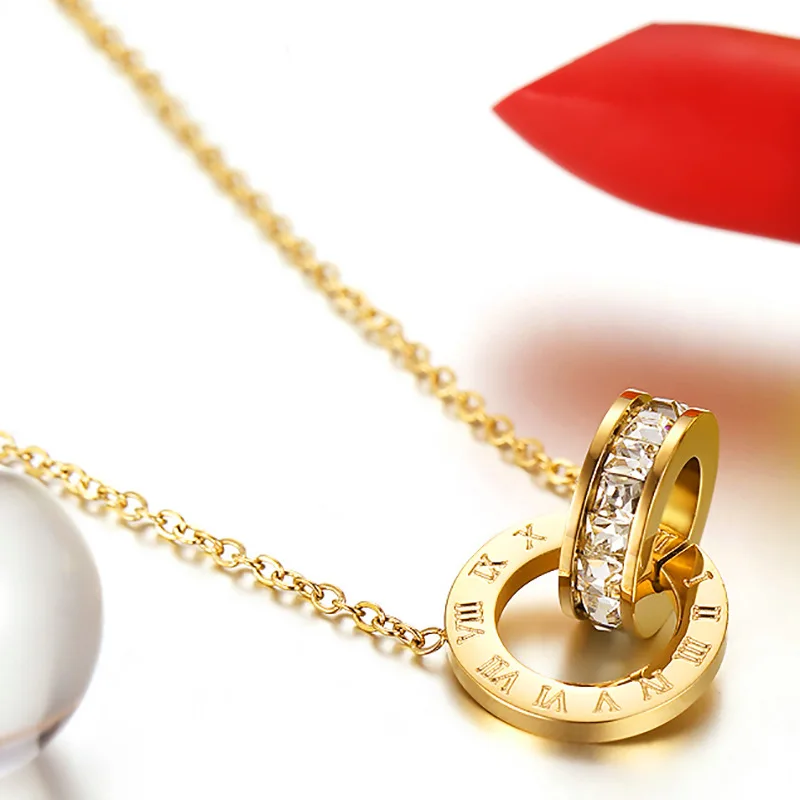 New Stainless Steel Interlocking Circles Infinity Style Roman Numbers Wedding Collar Necklace For Women Elegant Fashion Jewelry