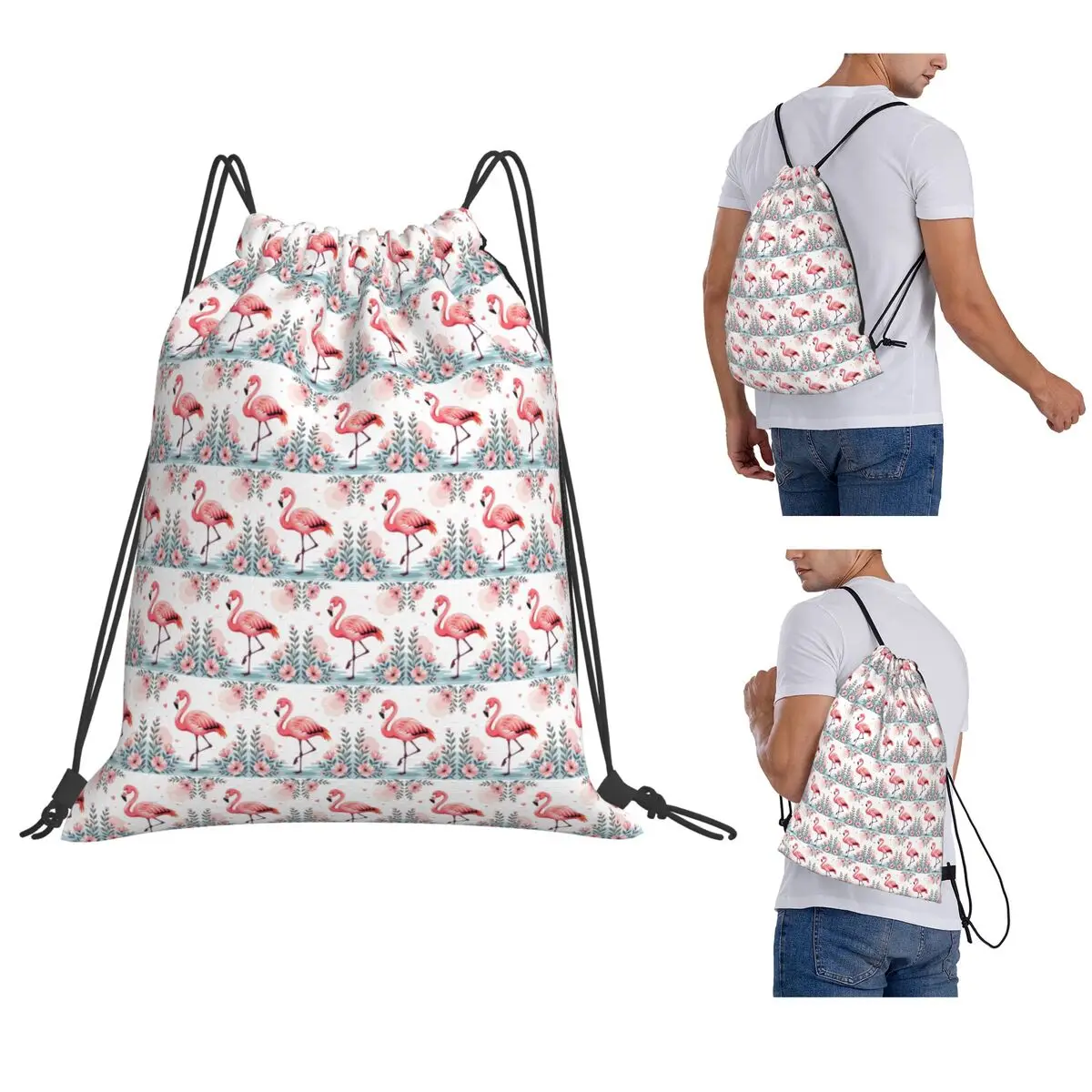 

Pink Flamingo Backpacks Portable Drawstring Bags Sports Bag Book Bags for Man Woman Students