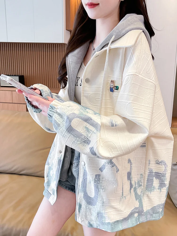 Retro Academy Youth Sports Style Gradient Blue Sweet Casual Comfortable Splicing Printed Fashionable Alphabet Zipper Hoodie Coat